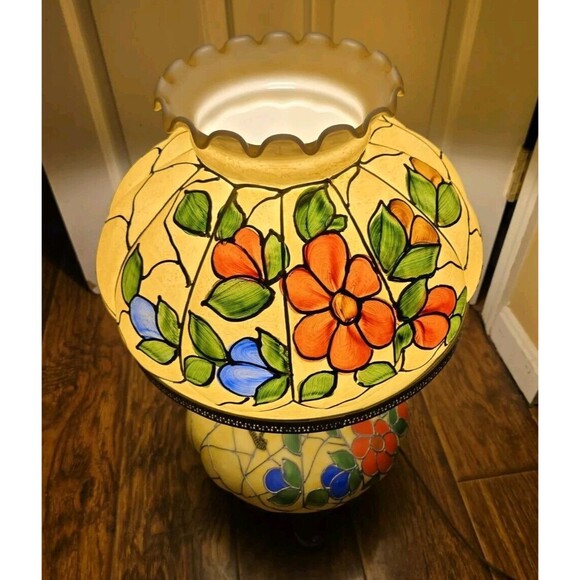 Vintage 23" Hurricane Tiffany Style Table Lamp Hand Painted Floral Gone W/ Wind - Picture 6 of 16